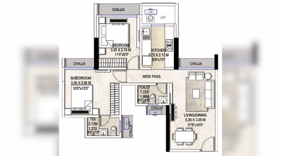 Tricity-Waterfront-2BHK-unit-plan